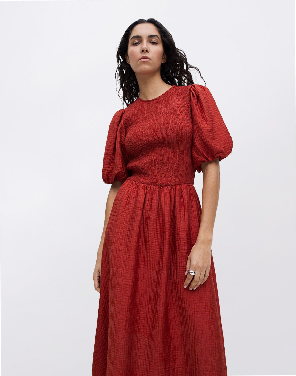 Long Puffed-Sleeve Dress