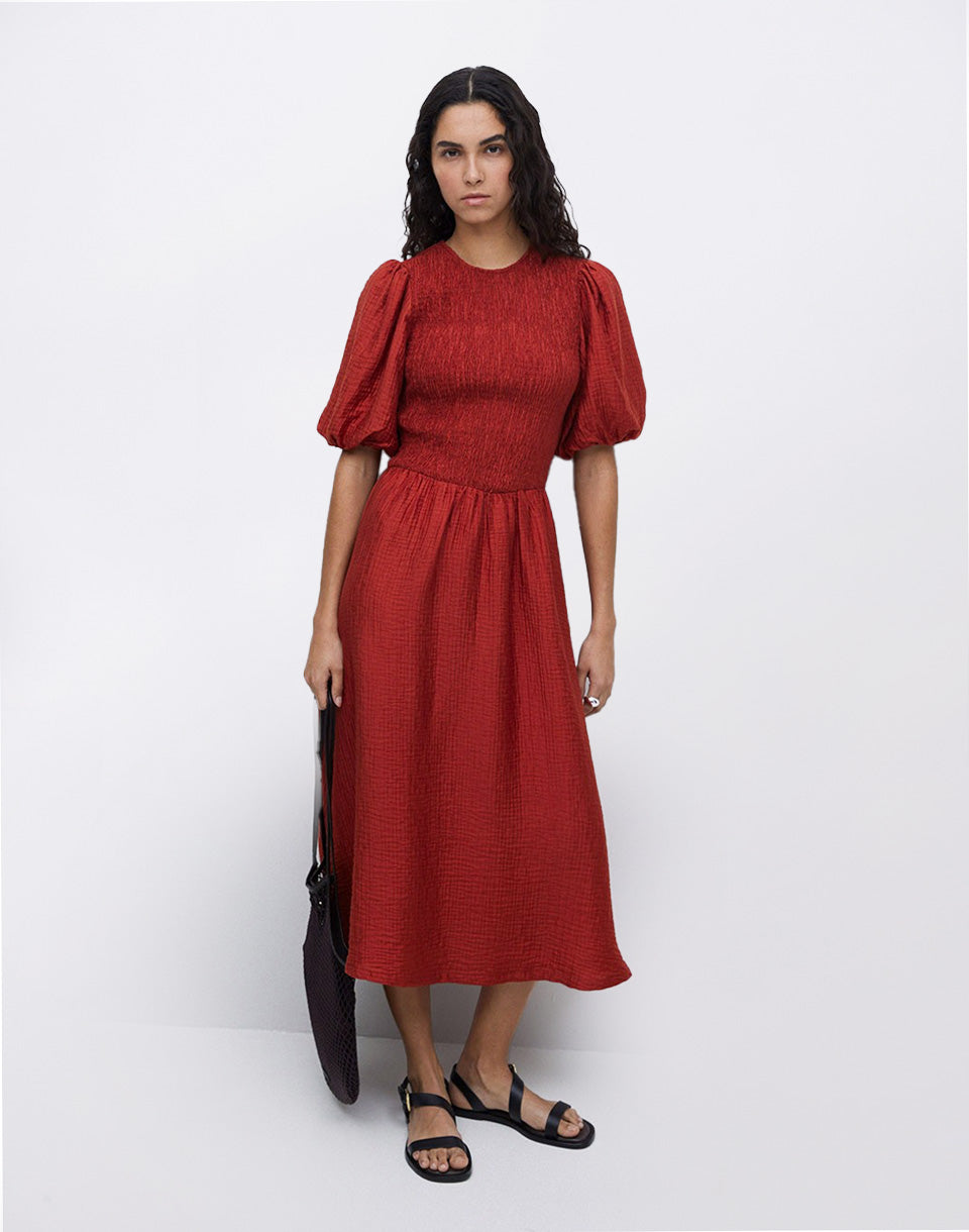 Long Puffed-Sleeve Dress