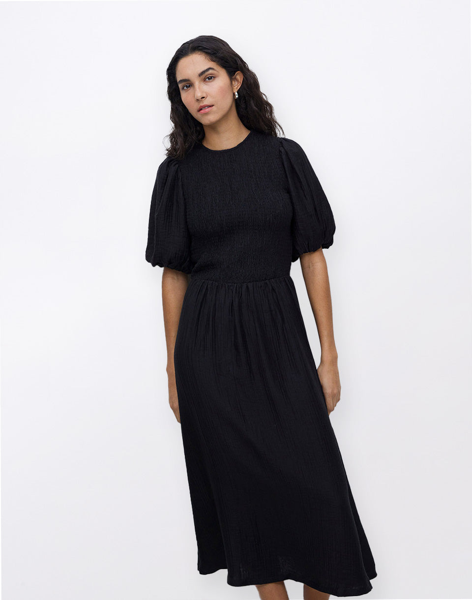 Long Puffed-Sleeve Dress