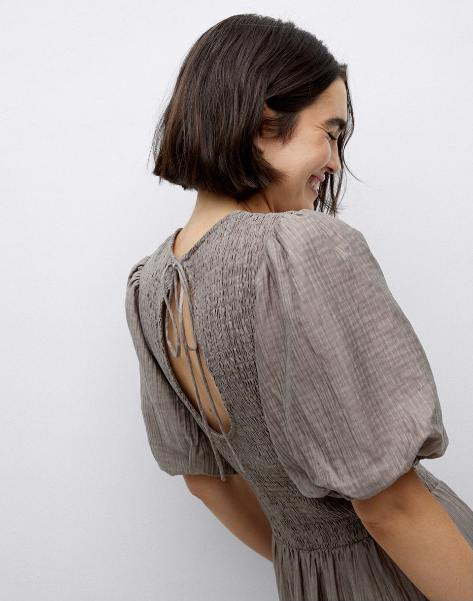 Long Puffed-Sleeve Dress